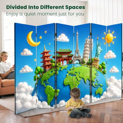6 Panels Folding Screen Room Divider Whimsical World Landmarks Globe Vibrant Sky Clouds Boho Divider for Room Separation Portable Privacy Partition Screen Indoor