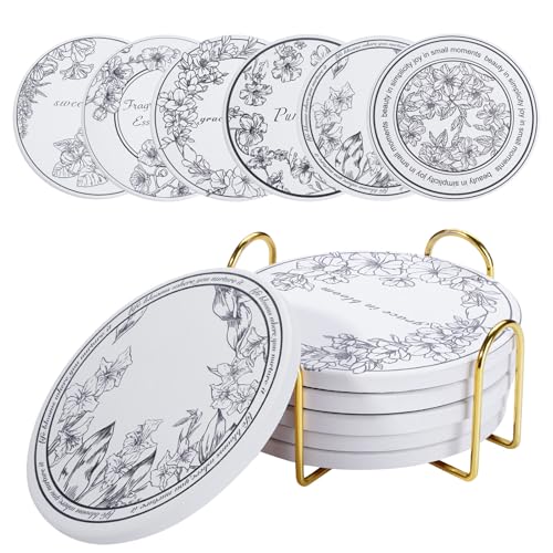 6Pcs Ceramic Coasters Set with Holder - 6 Unique Designs Absorbent Drink Mats for Coffee Table, Modern Home Decor Coasters with Cork Base Suitable for All Cups, Ideal Housewarming Gift 4 Inch