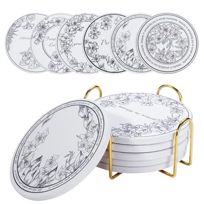 6Pcs Ceramic Coasters Set with Holder - 6 Unique Designs Absorbent Drink Mats for Coffee Table, Modern Home Decor Coasters with Cork Base Suitable for All Cups, Ideal Housewarming Gift 4 Inch
