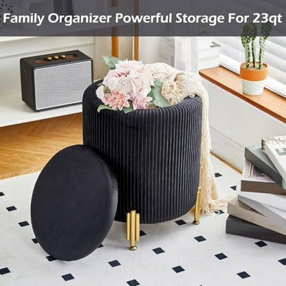 Round Ottoman Foot Stool with Storage and Metal Legs for Living Room Bedroom, Velvet Upholstered Footrest Stool Support 300lbs Modern Padded Seat Ottoman Coffee Table (Black)