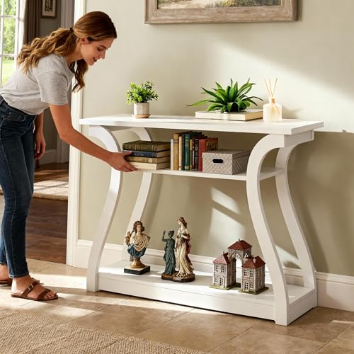 Wood Console Table with Curved Legs and Shelf, 3 Tier Modern Accent Sofa Table for Entryway, Living Room, Hallway, 47 in Wide, Easy Assembly (White)