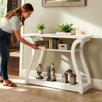 Wood Console Table with Curved Legs and Shelf, 3 Tier Modern Accent Sofa Table for Entryway, Living Room, Hallway, 47 in Wide, Easy Assembly (White)