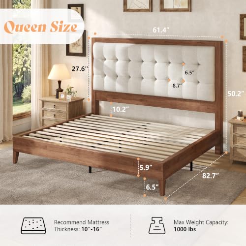 Solid Wood Queen Bed Frame 50.2" Upholstered Headboard, Walnut, view 3