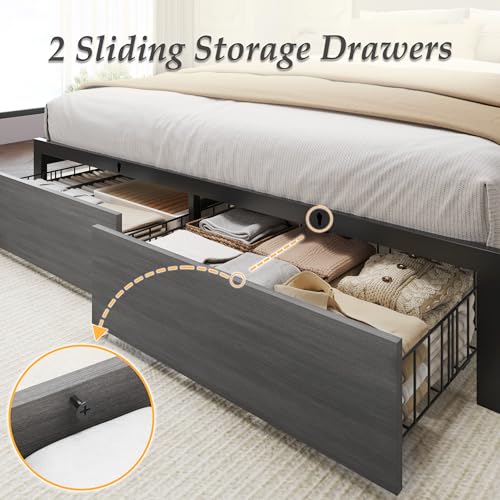 Full Bed Frame with Charging Station, LED Lights, 2 Drawers, Rustic Grey, view 7