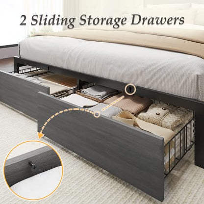 Full Bed Frame with Charging Station, LED Lights, 2 Drawers, Rustic Grey, view 7