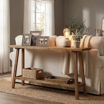 Reclaimed Solid Wood Console Table, 59" Long Farmhouse Entryway Tables, Rectangular Couch Table Behind Sofa, 2 Tiers Accent Tables for Hallway, Entrance, Foyer, Living Room