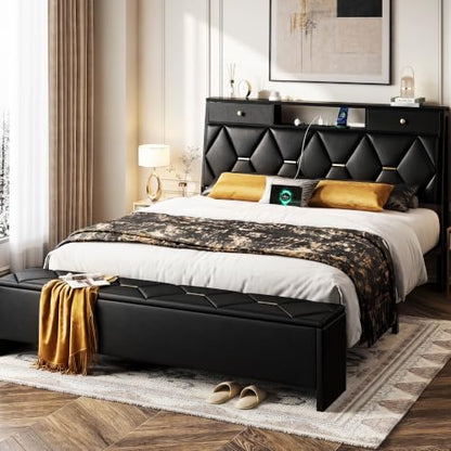 Queen Bed Frame with Storage Headboard and Drawers, PU Leather, view 2