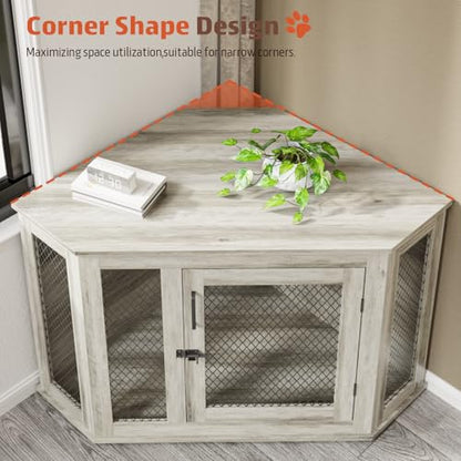 52 inch Corner Dog Crate Furniture, Wooden Dog Kennel Furniture with Mesh, view 4