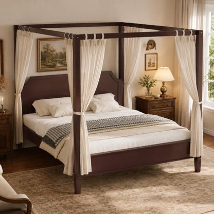 Walnut Queen Size Canopy Bed Frame Solid Wood 4 Poster Canopy Bed, view 2