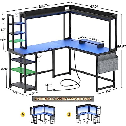 L Shaped Desk with Power Outlet, L Shaped Gaming Desk with Led Light & Hutch, Reversible Home Office Desk, Corner Computer Desk Writing Desk with Monitor Stand & Storage Shelves, Black