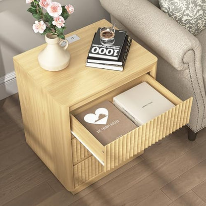 End Table Set of 2 with Fast USB C Charging Station, Sofa Side Table with 3Drawers, Large Storage Modern Wood Storage Cabinet for Living Room,Bedroom,Office, Natural