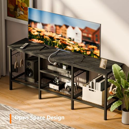 TV Stand with Power Outlets, Entertainment Center with Open Storage Shelves for TVs up to 55 Inch, Media Console Table with Soundbar Shelf for Living Room, Bedroom, Black Oak