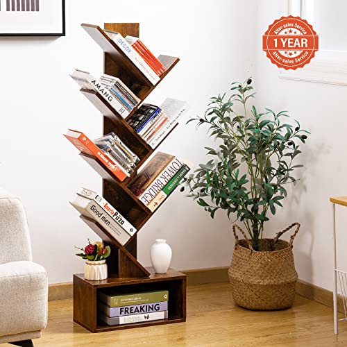 Tree Bookshelf - 6 Shelf Retro Floor Standing Bookcase, Tall Wood Book Storage Rack for CDs/Movies/Books, Utility Book Organizer Shelves for Bedroom, Living Room, Home Office, Rustic Brown