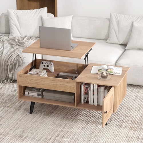 Lift Top Coffee Table with Storage, Living Room Table with Hidden Compartment, Cabinet & Open Shelf, Flip Top Center Table, Pull up Coffee Table for Home, Office (Natural)