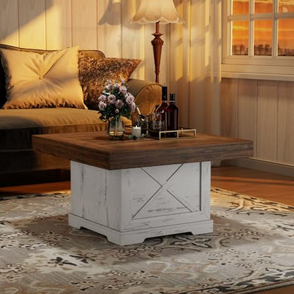 31.5 in Farmhouse Coffee Table for Living Room with X-Design, Square | Rustic Center Table, Small Space, Wooden Pedestal, Home Office Tea Accent Table for Apartment, Easy Assembly, Antique White