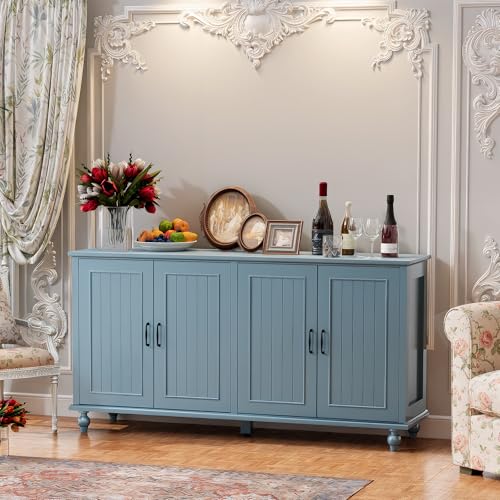 Sideboard Buffet Cabinet with 4 Doors, Vintage Coffee Bar Station, Blue, view 5