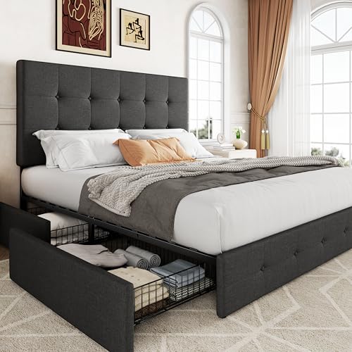 Upholstered Queen Size Platform Bed Frame with 4 Storage Drawers and Headboard, view 2