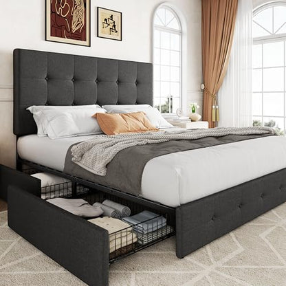 Upholstered Queen Size Platform Bed Frame with 4 Storage Drawers and Headboard, view 2