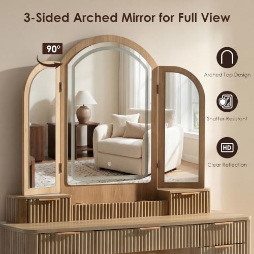 Vanity Desk with Trifold Mirrors, 52.76” Wide Makeup Vanity Table, Oak, view 5