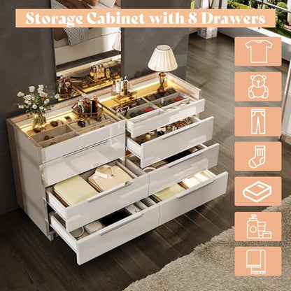 47.2" W 8-Drawer Dresser with Glass Top, High Gloss, Cream & Grey, view 6