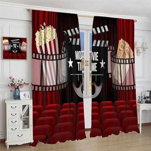 Movie Curtains, Red Curtain Popcorn Drinks Movie Tickets Lights Film Window Treatments Rod Pocket Drapes for Boys Girls Screening Bedroom Movie Theater 42x45in（No Blackout）
