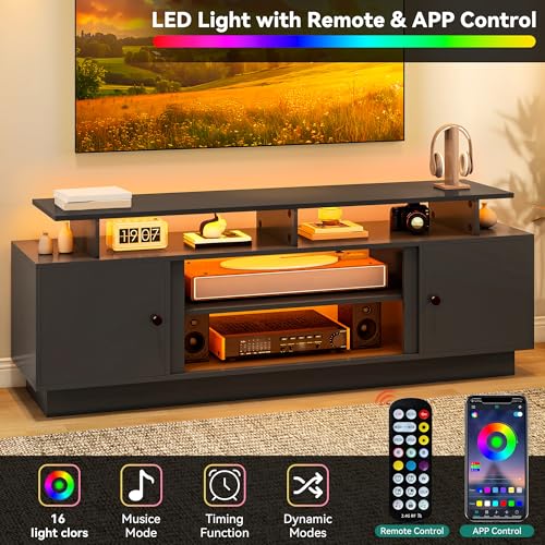 Modern TV Stand with LED Lights for up to 80 Inch TVs, Black, view 5