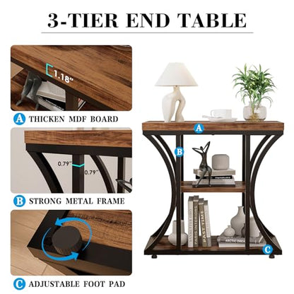 3 Tier End Table with Storage, Narrow End Table for Living Room and Bedroom, Small Space Wood and Metal Side Table, Rustic Brown
