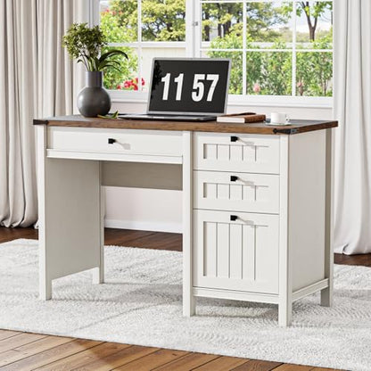 White Farmhouse Desk, 45" Desk with Outlets & File Drawer, view 2