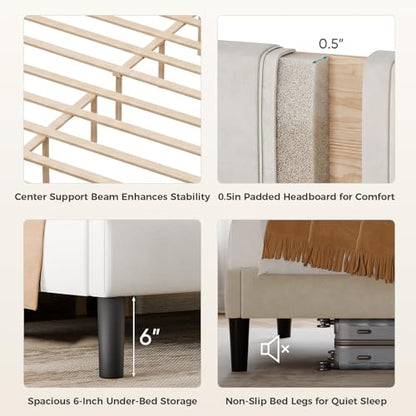 Beige Upholstered Full Bed Frame with Headboard, view 5