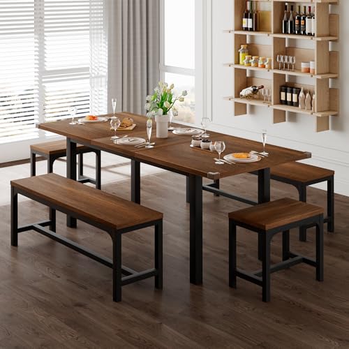 5-Piece Dining Table Set for 4-8 People, 63" Extendable Kitchen Table with 2 Benches and 2 Square Stools, Mid-Century Modern Wooden Dining Room Table, Space-Saving, Walnut