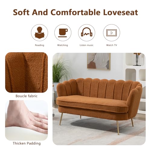 59" Small Modern Chenille Loveseat Sofa, 2-Seater Sofa with Gold Metal Legs, Small Couch with Flower Shaped Back for Living Room Bedroom Office (Caramel)