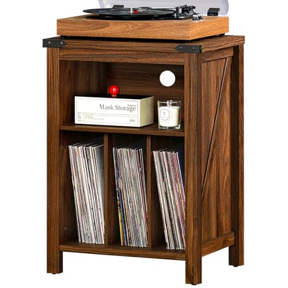 Record Player Stand with Vinyl Record Storage,Rustic Brown, view 2