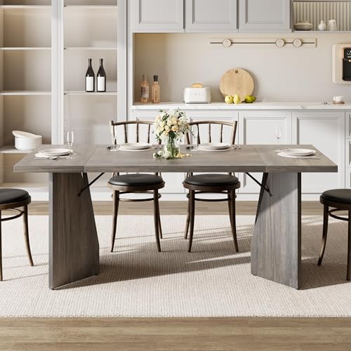 70.9'' Rectangular Dining Table for 6-8, Wooden Thickened Long Desk, Farmhouse Kichen Table with Sturdy Frame and Wooden Legs, for Dining Room, Kitchen, Living Room, Office, Retro Grey