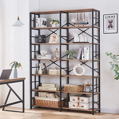 Bookshelf, Industrial Double Wide 7-Tier Bookshelves, 84" Tall Bookcase with Open Shelves, Heavy Duty Bookcases with Storage for Living Room Home Office, Rustic Brown