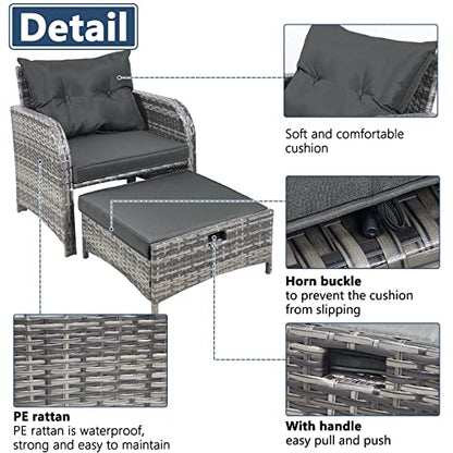 5 Pieces Wicker Outdoor Patio Chairs with Ottomans, All Weather PE Rattan Outdoor Conversation Set Bistro Patio Furniture Set with Hidden Ottoman for Porch Backyard Balcony, Grey