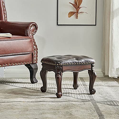 Footstool and Ottomans Small Foot Stool with Fiber Leather Wooden Foot Rest Upholstered Footrest for Living Room Bedroom (Dark-Brown)