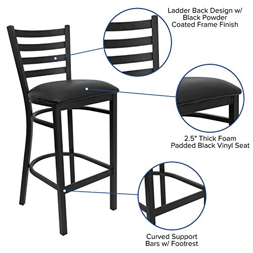 Hercules Series Ladder Back Metal Restaurant Barstool, Modern Upholstered Armless Bar Height Chair for Restaurants and Kitchens, Black