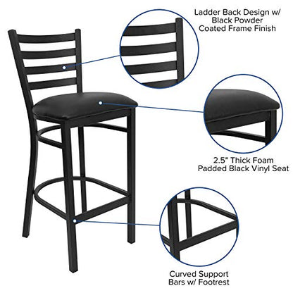 Hercules Series Ladder Back Metal Restaurant Barstool, Modern Upholstered Armless Bar Height Chair for Restaurants and Kitchens, Black