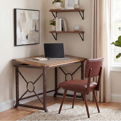 Knightley Tilt Top Drafting Table - 51.5 inch Wide - Oak Wood Finish w/ Antique Brass, Brown