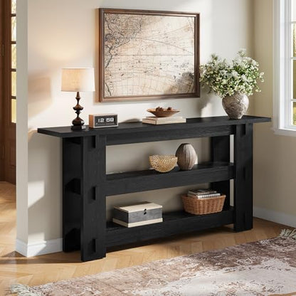 63-Inch Solid Wood Console Table, Farmhouse Sofa Table Behind Couch with Storage Shelves, Entryway Furniture for Living Room, Hallway, Foyer, Black