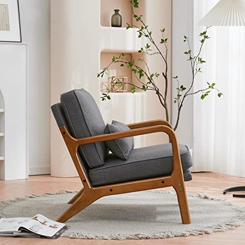 Accent Chair Mid-Century Modern Chair with Pillow Linen Fabric Upholstered Lounge Arm Chair with Solid Wood Frame & Soft Cushion for Living Room, Bedroom, Balcony, Gray