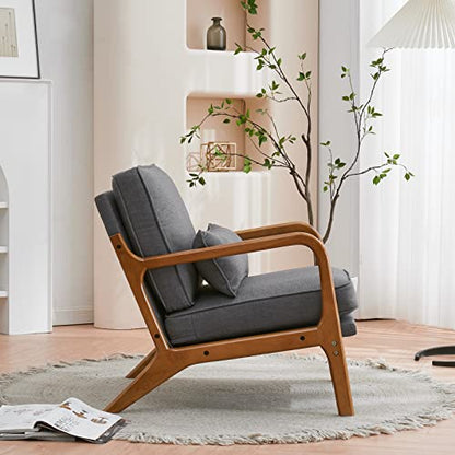 Accent Chair Mid-Century Modern Chair with Pillow Linen Fabric Upholstered Lounge Arm Chair with Solid Wood Frame & Soft Cushion for Living Room, Bedroom, Balcony, Gray