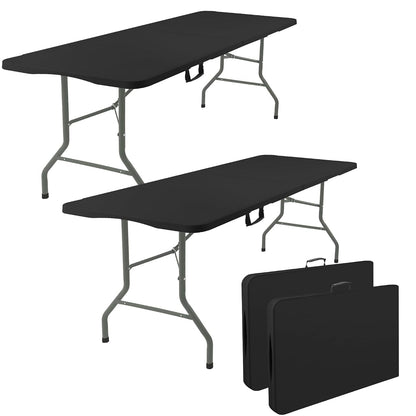 2 Pack 6 Feet Portable Folding Table Black, Steel Legs Fold-in-Half with Carrying Handle Rectangular Plastic Foldable Table for Party, Wedding, Camping, Picnic, Dining, Indoor Outdoor Events