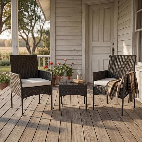 3 Piece Patio Furniture Set, All-Weather Outdoor Conversation with Removable Cushions & Tempered Glass Table, Small Wicker Bistro Set for Balcony, Porch, Backyard, Deck, Black