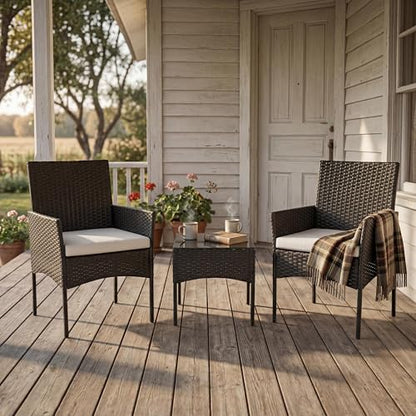 3 Piece Patio Furniture Set, All-Weather Outdoor Conversation with Removable Cushions & Tempered Glass Table, Small Wicker Bistro Set for Balcony, Porch, Backyard, Deck, Black