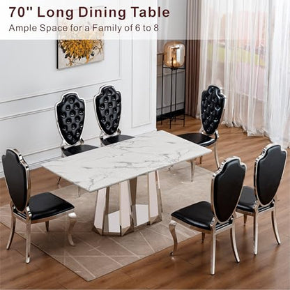 Marble Dining Table for 6 People, 70'' Rectangle Faux Marble Dining Table with Mirrored Stainless Steel Base, Large Size Marble Kitchen Table (Silver,White)(only Table)
