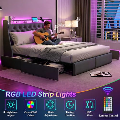 Upholstered Queen Size Bed Frame with 4 Storage Drawers and LED Lights, view 5