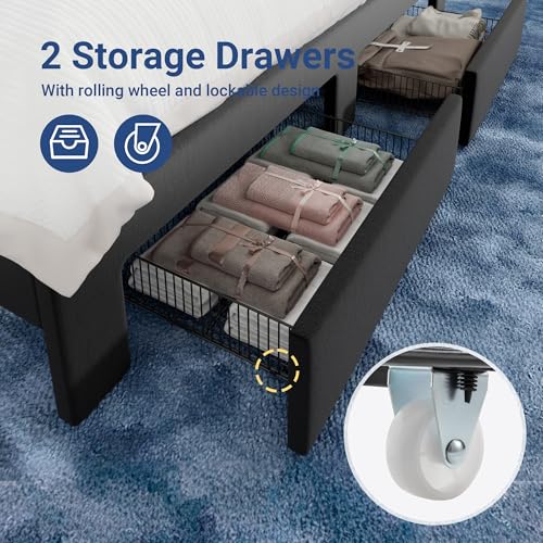 Queen Bed Frame with 2-Tier Storage Headboard & 2 Large Drawers, view 7