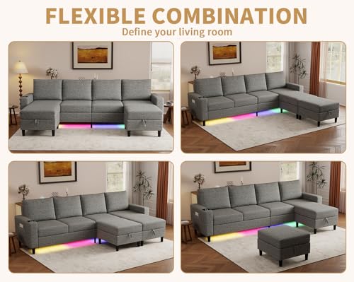 Smart Sectional Couches for Living Room, 6 Seat U/L Shaped Sectional Sofa with RGB Light/Charging, Modern Living Room Furniture for Apartments/Office/More (Light Gray)