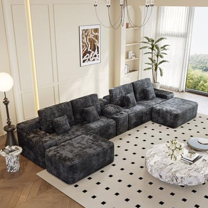 150" U-Shaped Oversized Corduroy Modular Sectional Sofa with 2 Ottomans and Multi Functional Console, 6-Seater Upholstered Couch with USB and 2 Cup Holder, Easy Assembly, for Living Room, Black
